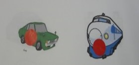 新幹線や車のイラストにシールを貼る教具のイメージ